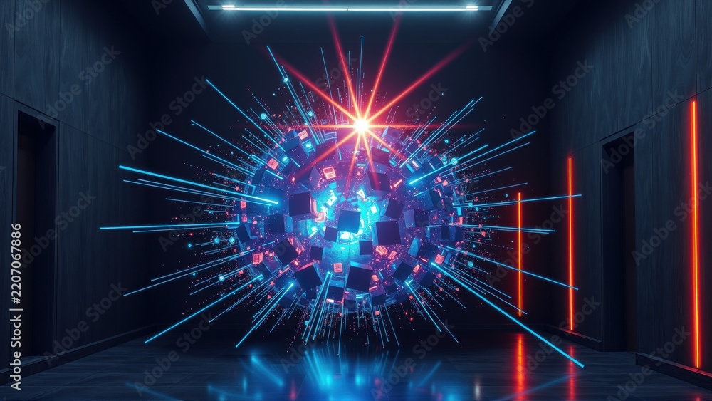 Fototapeta premium Dark room features glowing cube, radiating light beams. Red neon accents walls, creating futuristic ambiance. Minimalist design.