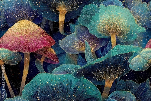 Whimsical psychedelic mushrooms with intricate golden linework and glowing spores against deep blue background