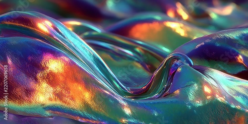 Iridescent fluid waves in metallic blue, orange and purple hues with glossy texture and flowing motion