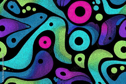 Neon gradient shapes with black outlines and dot texture forming abstract chaos pattern on dark background