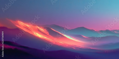 Glowing pink and purple wave cresting over layered mountain ridges with neon highlights and misty atmosphere in surreal abstract landscape