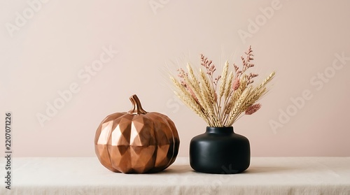 Copper geometric pumpkin and dried floral arrangement in a black vase autumn decor on a neutral background seasonal still life for Thanksgiving and fall holidays