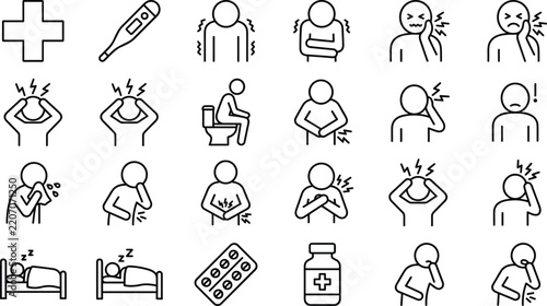 Medical illness symptoms disease diagnosis clinic treatment patient pain health care line stroke black vector icon set