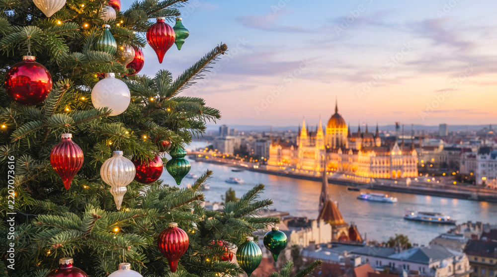 Obraz premium Festive Christmas tree decorated with red, white, and green ornaments overlooking the illuminated panorama of Budapest city
