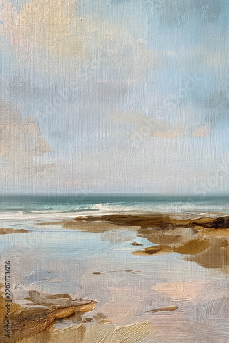 Fine Art. Oil painting capturing a tranquil coastal landscape with gentle ocean waves, beach reflections, and textured sand under a soft sky