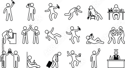 Drunk people behavior stick figure icon set showing alcohol addiction hangover party fighting and vomiting concept