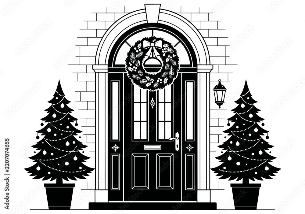 Obraz premium Black and white line art illustration of a festive front door decorated for the christmas holiday season