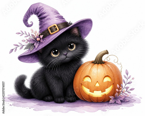Cute black cat with witch hat and pumpkin