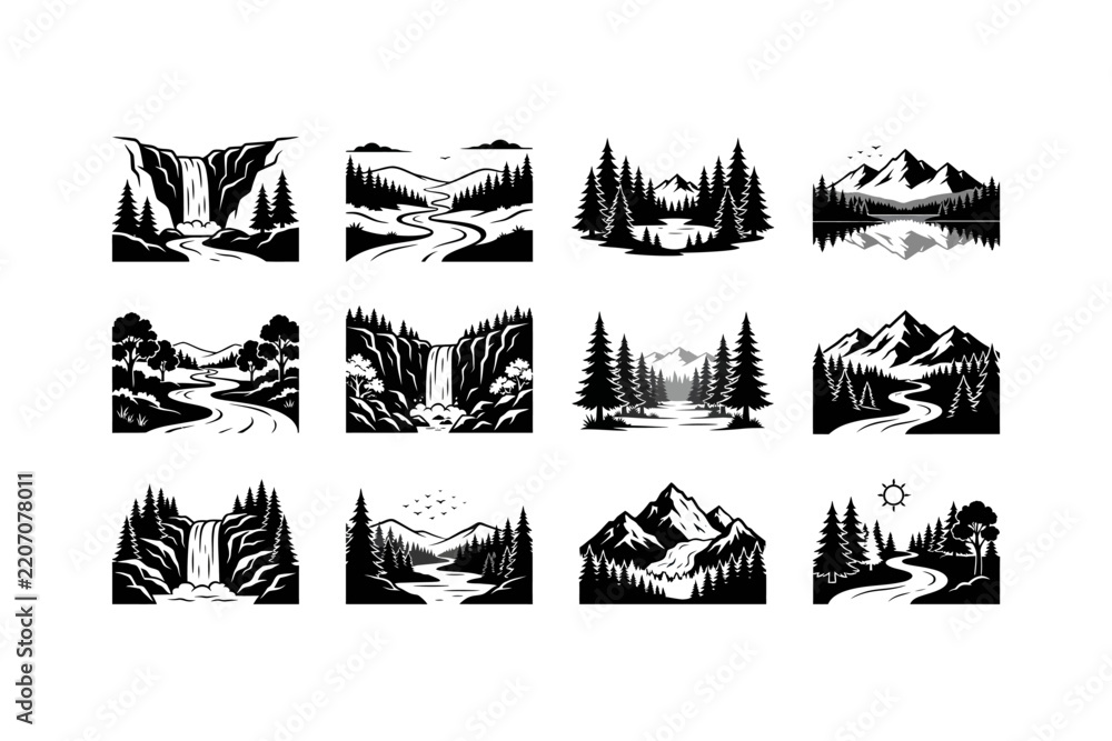 Fototapeta premium Set of black and white landscape illustrations featuring mountains, forests, rivers, and waterfalls in a minimalist vector style