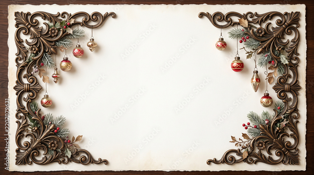 Fototapeta premium Ornate vintage Christmas border with hanging ornaments and copy space