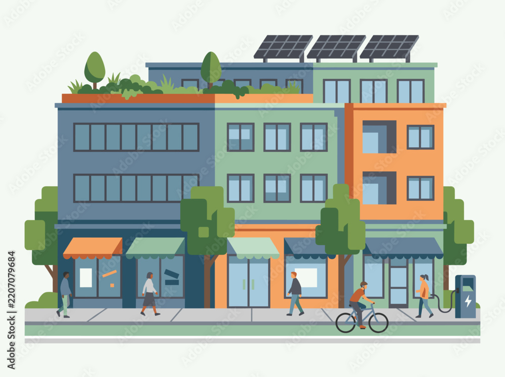 Obraz premium Sustainable Urban Building Illustration with Solar Panels, Green Roof, and People Commuting in a Modern Eco-Friendly City