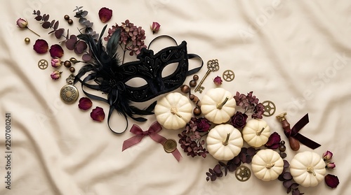 Masquerade mask and autumn harvest elements flat lay composition with pumpkins and dried flowers for seasonal decoration festive concept