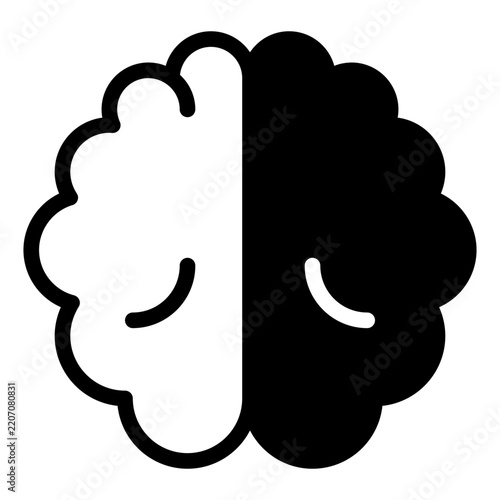 A vector flat illustration of a brain divided into orange and yellow halves with red accents, suitable for educational, medical, or neuroscience projects.