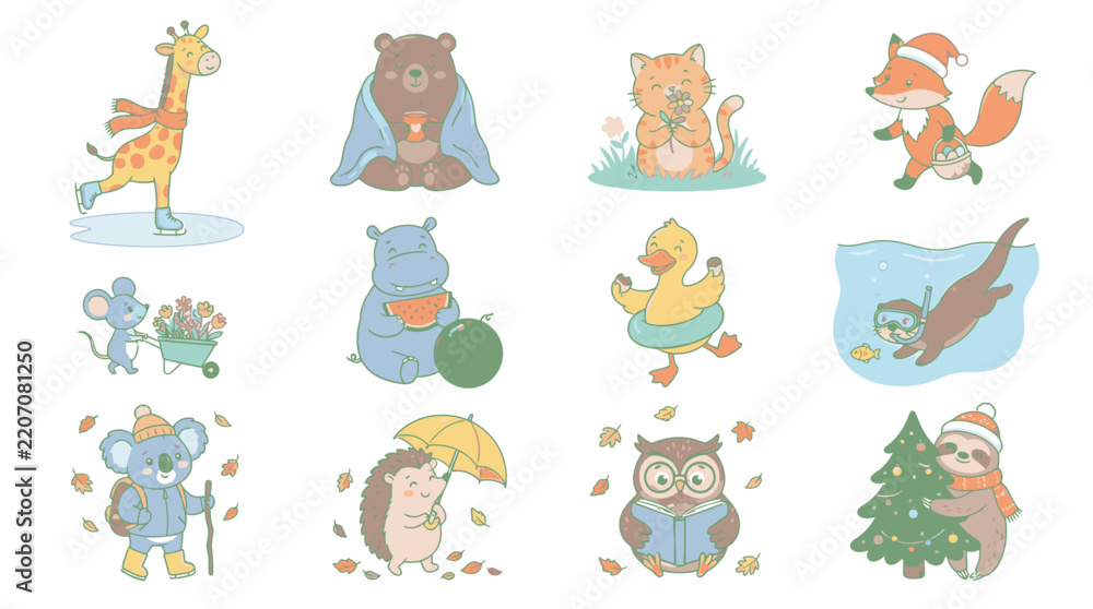 Fototapeta premium Set of cute animals with seasonal activities including winter spring summer and autumn themes vector