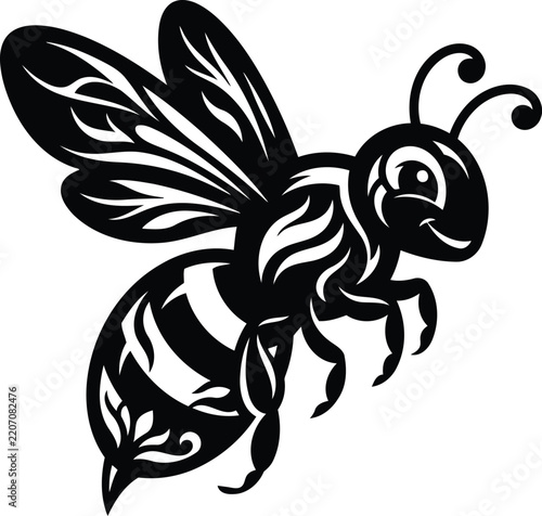 Black and White Bee Vector Illustration, Decorative Tribal Honey Bee Mascot Silhouette Logo Design
