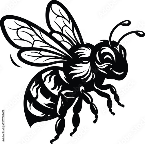 Cute Bee Vector Illustration, Black and White Happy Honey Bee Mascot Silhouette Logo Design
