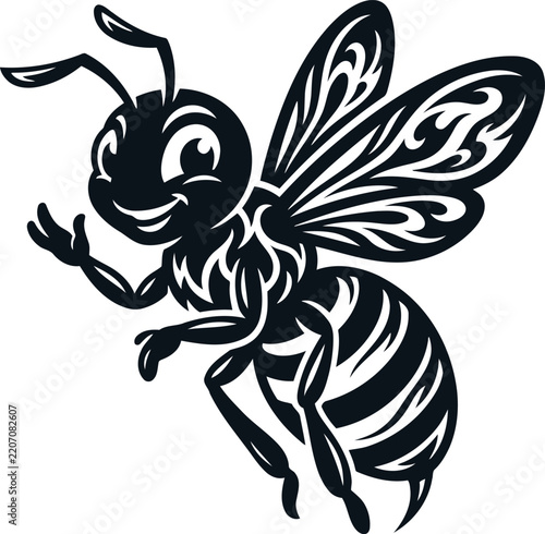 Cute Friendly Honey Bee Vector Illustration, Black and White Bumblebee Waving Mascot Character, Decorative Tribal Insect Logo Isolated on White Background