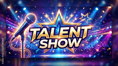 Talent show banner with microphone and golden star on stage background