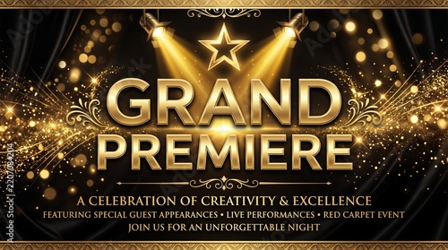 Grand Premiere event banner with gold typography and spotlight background