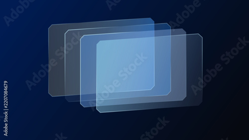 Futuristic layered glass UI panels with translucent holographic screens and blue neon interface elements.