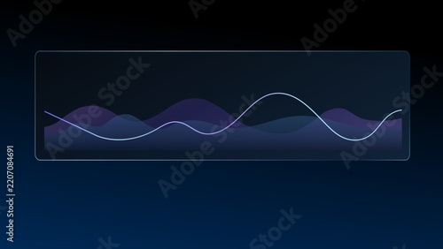 Futuristic waveform analytics HUD panel with glowing signal graph, layered data visualization and dark interface.