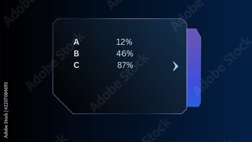 Futuristic HUD data statistics panel with percentage values, dark glass interface and neon blue accent.