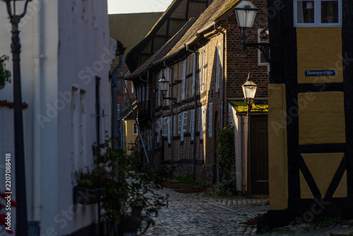 Looking down a quiet, narrow historic alleyway in Ribe framed by timber-framed facades in deep shadows with warm morning light glowing on the pavement in the distance