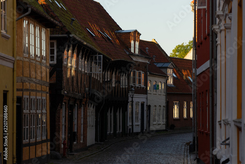 A picturesque historic street view in Ribe showing a row of old half-timbered and brick houses with morning sun reflecting brightly in the window panes