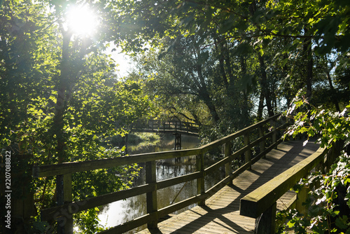 Backlit landscape view of a rustic wooden pedestrian bridge crossing a quiet river stream, surrounded by dense green trees with sunbeams breaking through the canopy.