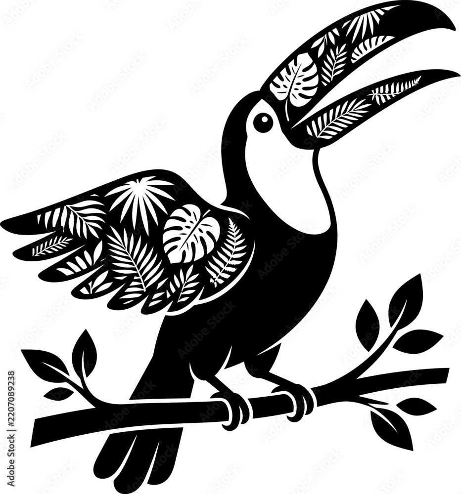 Obraz premium Black and white toucan bird illustration with tropical leaf patterns on wing and beak