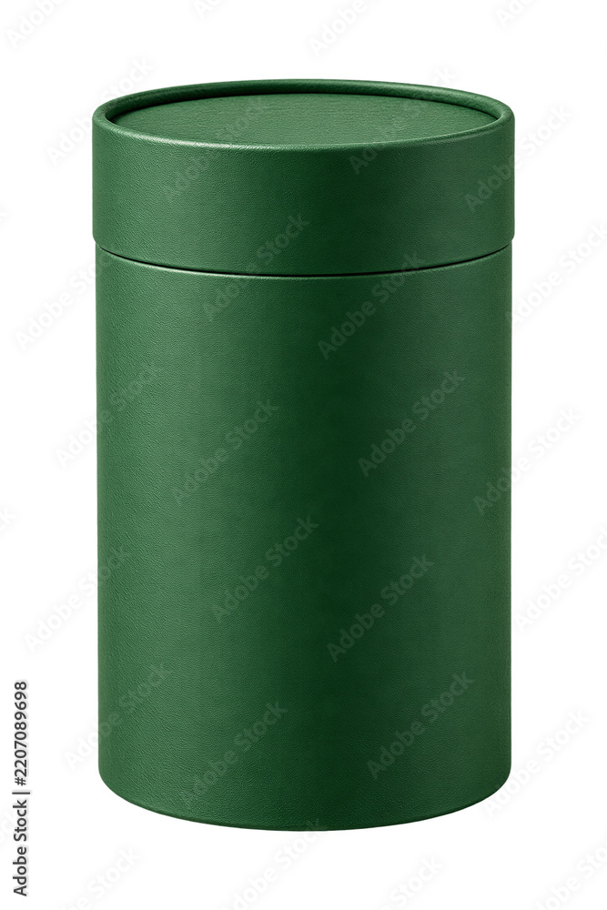 Obraz premium Green cylindrical container with textured leather finish, isolated on transparent background. Packaging design, luxury storage, gift box, branding mockup.