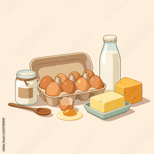 Illustration of dairy and egg products on a light background with copy space