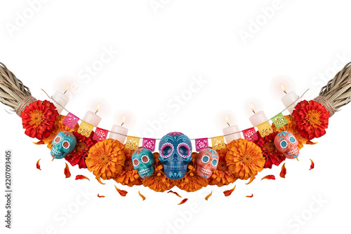 Dia de los Muertos garland with sugar skulls and marigold flowers