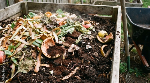 Organic food scraps decomposing in a wooden garden compost bin with steam rising