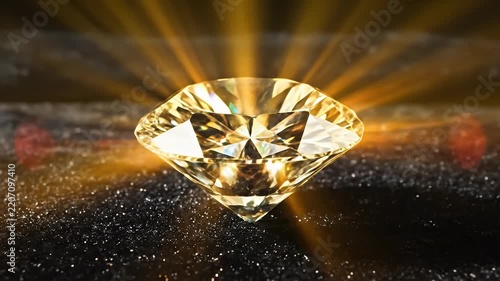 A Brilliant Faceted Yellow Diamond Glinting on a Dark Sparkling Surface