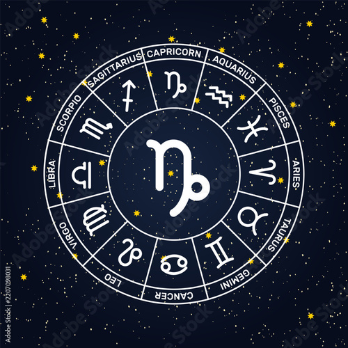 capricorn astrological sign inside zodiac circle, 12 zodiac signs wheel, horoscope cycle symbols, deep space stars background