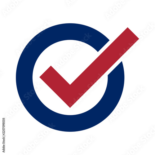 round checkmark, red tick inside blue circle, election vote mark, checked sign, correct choice sign