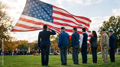 Multigenerational group of U.S. military veterans standing shoulder to shoulder and saluting an enormous American flag at sunset, Veterans Day, veteran appreciation, service recognition, military hono