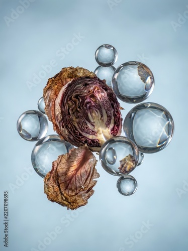 Red chicory and water spheres on blue background