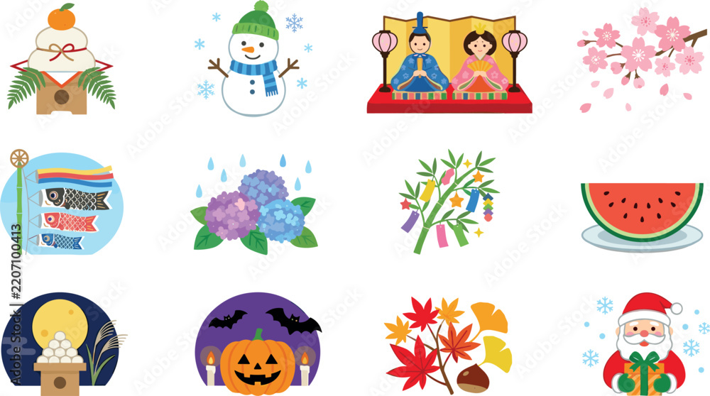 Fototapeta premium Seasonal Japanese events and holidays collection . Snowman, cherry blossoms, watermelon, pumpkin, santa claus .