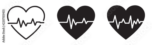 Black heartbeat pulse line cardiogram in heart shape icon set for medical cardiology diagnostic designs.