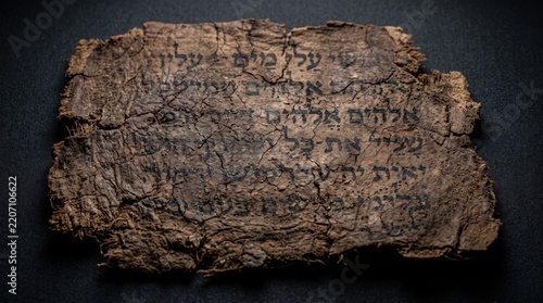 Ancient Hebrew Dead Sea Scroll Fragment on Dark Background