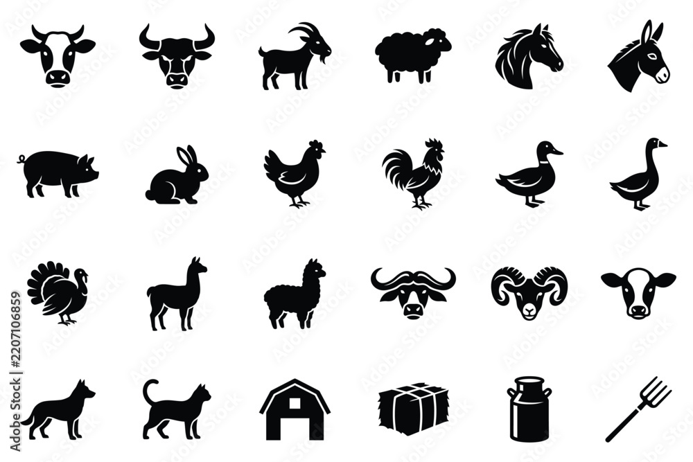 Obraz premium Black silhouette icons representing various farm animals and agricultural elements