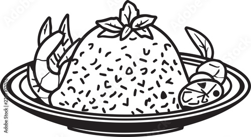 Seafood Rice Platter with Fish and Garnish Black Outline Vector Illustration