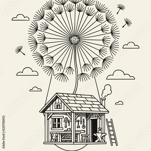 Whimsical house floating with dandelion seeds in a dreamy sky