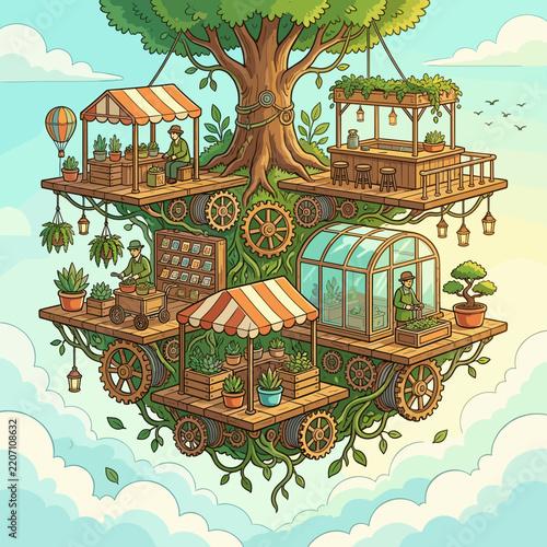 Whimsical floating garden with tree, gardening activities, and colorful sky backdrop