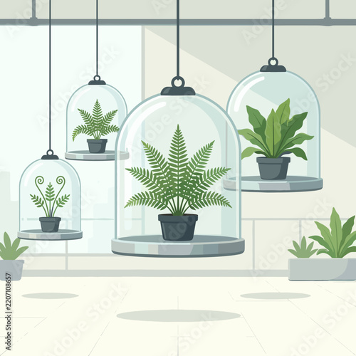 Indoor plants in glass domes in a modern setting with a calm atmosphere