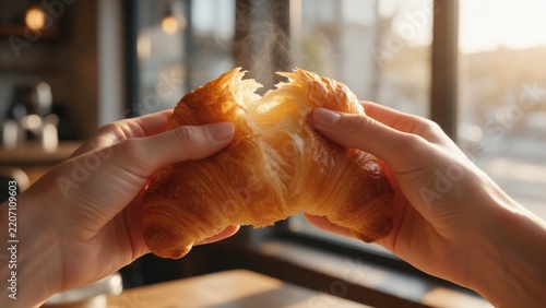Desayuno con Cruasán caliente, exquisito.