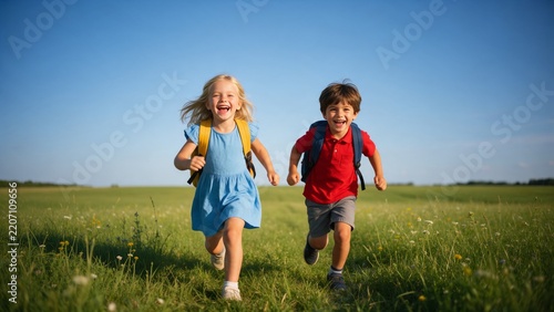 Felicidad en la infancia, niños felices corriendo y divirtiéndose en la naturaleza bajo el sol.