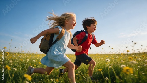 Felicidad en la infancia, niños felices corriendo y divirtiéndose en la naturaleza bajo el sol.